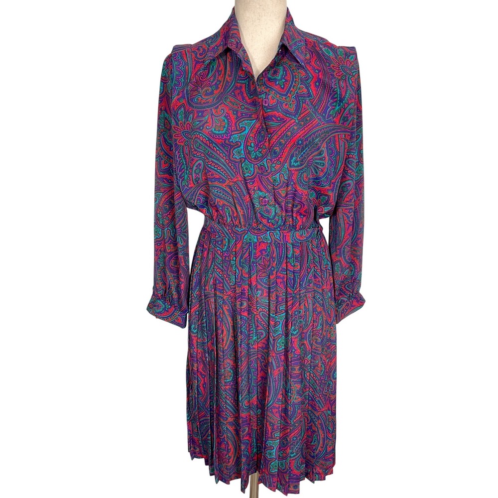 80s Lady Carol‎ Dress Dress Womens 10P Blue Pink Paisley Shirt Pleat Midi VTG